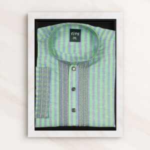 Green & Sky Blue Color Striped Embroidered Panjabi